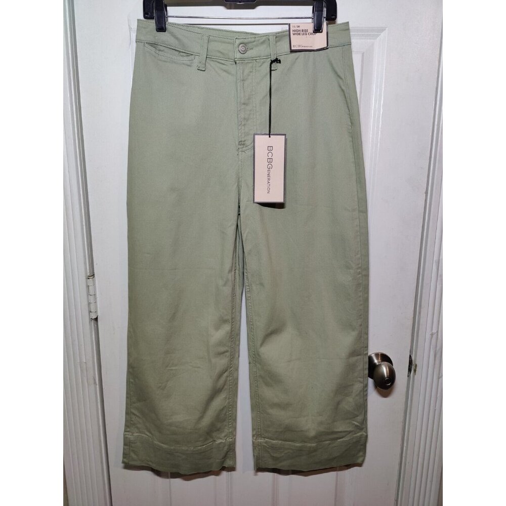 BCBGeneration High Rise Wide Leg Crop‎ Light Green Button Fly Pants 11/30 NWT